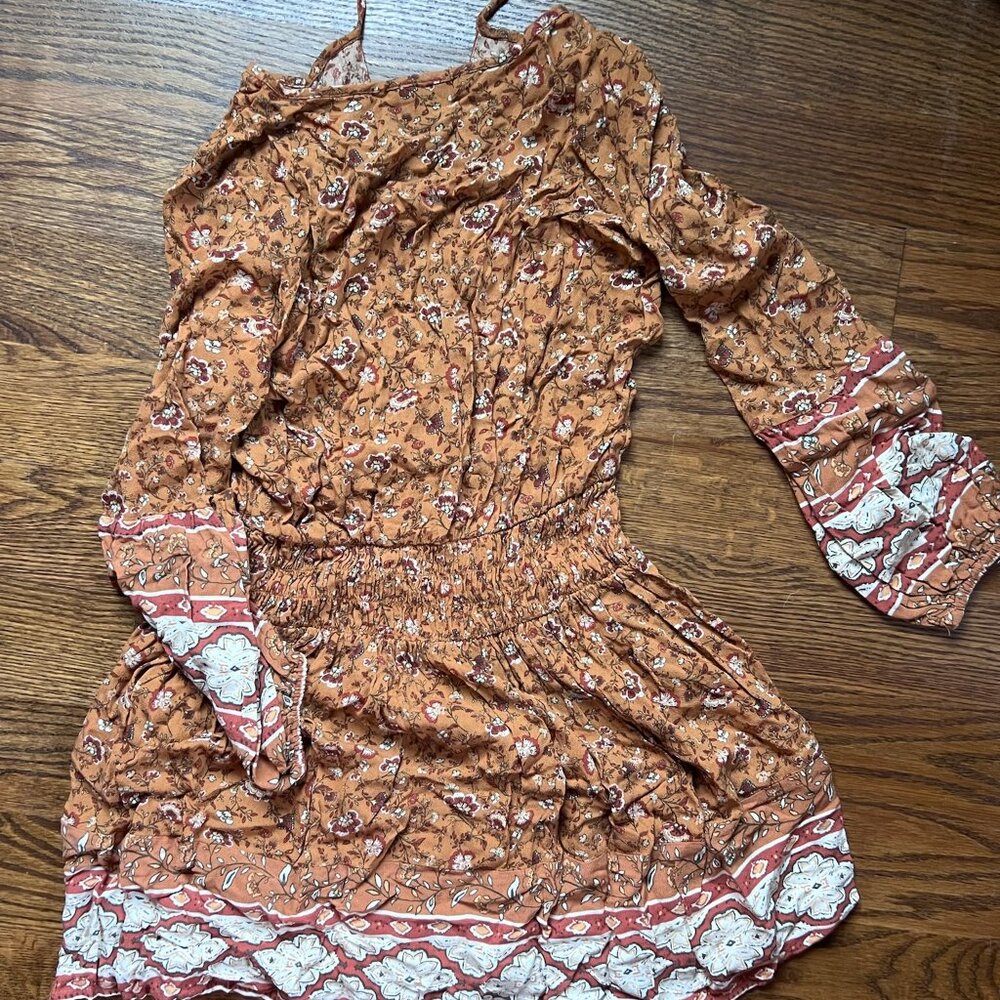 American Eagle Bohemian Flowy Fit Long Puffy Sleeve Floral Mini Dress Orange S - Picture 6 of 6